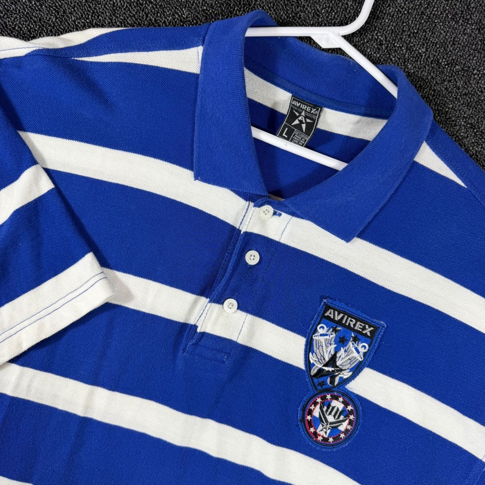 Vintage Avirex Men's L Blue White Striped Baggy Polo Shirt Military Patches Y2K